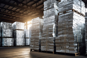Aluminum in stack waiting for shipment in large warehouse.