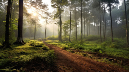 Beautiful morning with mist of forest.