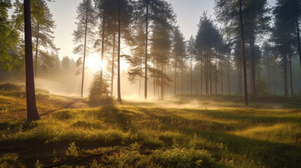 Fototapeta na wymiar Beautiful morning with mist of forest.