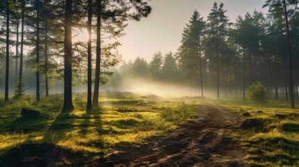Fototapeta na wymiar Beautiful morning with mist of forest.