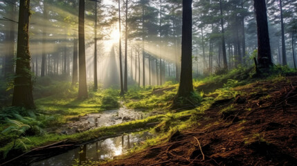 Obraz premium Beautiful morning with mist of forest.