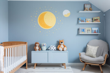 A soft powder blue wall in a child's room