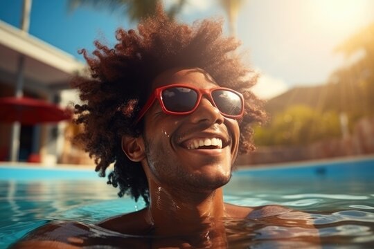 African American black man with sunglasses enjoying water with a smile, leisurely swimming