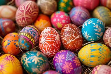 Fototapeta premium A pile of colorfully painted and decorated Easter eggs