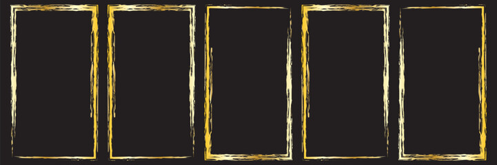 Set of rough gold grunge Japanese rectangular frames. Golden foil ink torn box. Vector isolated in black background. In eps10.