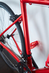Details of a sports bike in close-up. A road bike for cycling or triathlon - obrazy, fototapety, plakaty