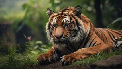 AI generated illustration of a tiger lounging near lush foliage