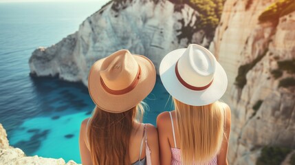 Fototapeta na wymiar Two women enjoy leisure by the ocean, sitting on a cliff overlooking the water.