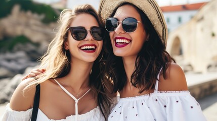 Happy summer vibes with stylish sunglasses and hats for two women.