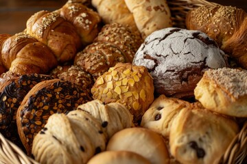 Lots of assorted bakery products are placed in a basket
