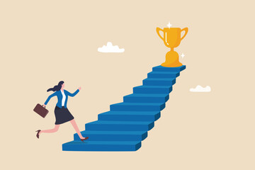 Woman success, step to achieve career success, motivation to grow career path, growth, climb up stair to reach goal, ambition concept, business woman run fast climb up stair to reach winning trophy. - obrazy, fototapety, plakaty