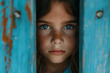 Blue Door: Young Girl's Curiosity in Stylish Surroundings