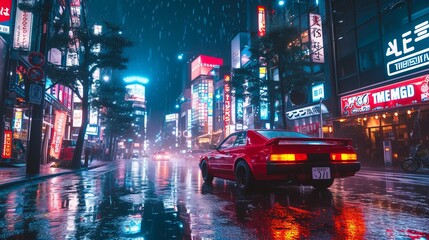 Retro Aesthetics: 80s Japanese Cityscape with a Vintage Sports Car