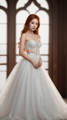 Fototapeta premium Beautiful woman with long red hair wear beautiful white wedding dress.