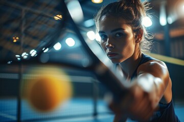 A beautiful woman is playing padel indoor - obrazy, fototapety, plakaty