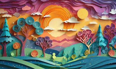 Summer mountain landscape. sun, clouds and tree. Paper cut out art digital craft style.	