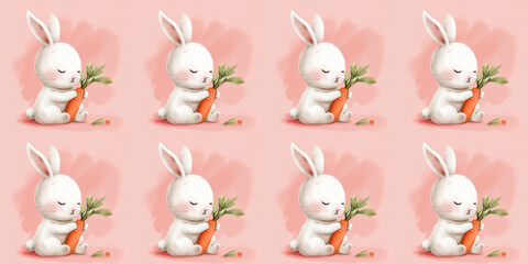 Seamless repeating background illustration of cute rabbit and carrot. Background for wallpaper pattern.