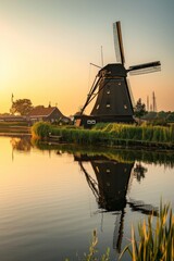 Fototapeta na wymiar A traditional Dutch windmill beside a canal in the Netherlands, landscape at dusk