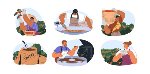 Coffee industry, production process set. Workers cultivating, picking berries on plantation, collected beans in sacks, grinder machine at factory. Flat vector illustration isolated on white background