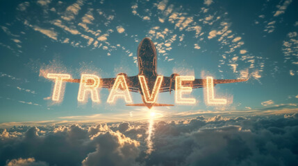 Travel concept image with a plane and written Travel word in the sky - Powered by Adobe