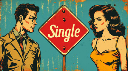 Single people concept illustration with unmarried man and single woman and sign with written word Single - obrazy, fototapety, plakaty