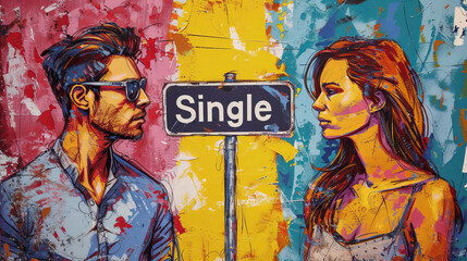 Single people concept illustration with unmarried man and single woman and sign with written word Single - obrazy, fototapety, plakaty