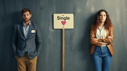 Single people concept image with unmarried man and single woman and sign with written word Single