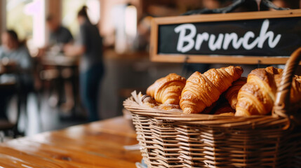 Brunch concept image with Brunch sign next to some croissants on Sunday morning in a restaurant