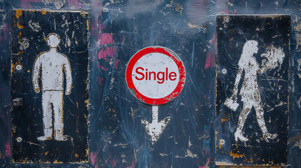 Single people concept image with unmarried man and single woman drawings and sign with written word Single