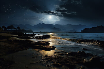 Fototapeta premium Night seascape. Seashore in the moonlight. Generated by artificial intelligence