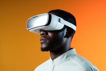 Young african american man using virtual reality headset on orange background
