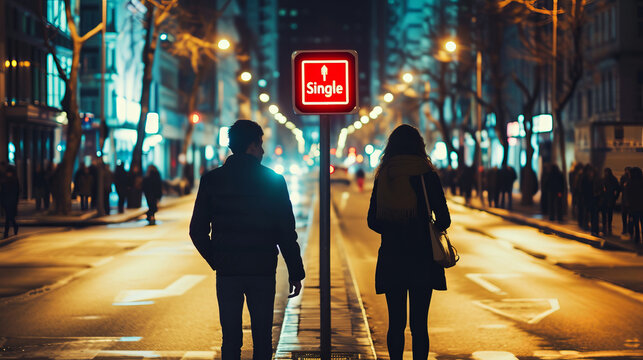 Single people concept image with unmarried man and single woman and sign with written word Single