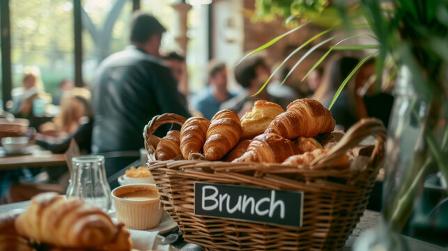 Brunch concept image with Brunch sign next to some croissants on Sunday morning in a restaurant