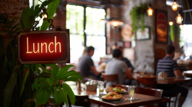 Lunch concept image with Lunch sign in a restaurant dining room with people eating in background