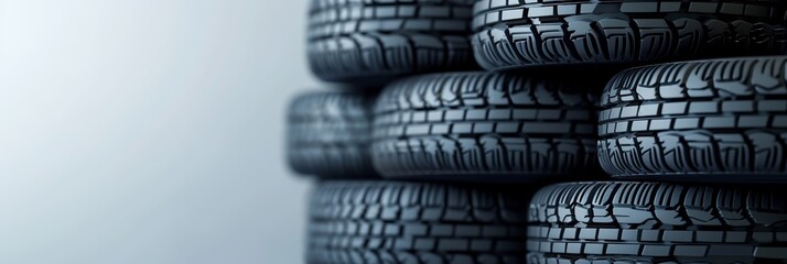 Car tire set. Stacks of car tires lie on their sides on top of each other.  Wheels summer and winter. - obrazy, fototapety, plakaty