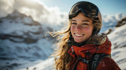 Fototapeta na wymiar Woman with Ski goggles and Ski helmet on the snow mountain