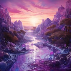 A surreal scene of liquid amethyst flowing gently over a solid, mystical landscape