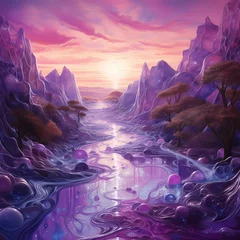 Foto op Canvas A surreal scene of liquid amethyst flowing gently over a solid, mystical landscape ©  ALLAH LOVE