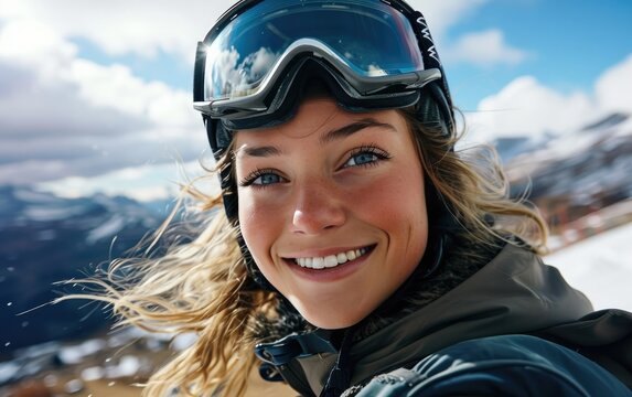 Woman with Ski goggles and Ski helmet on the snow mountain