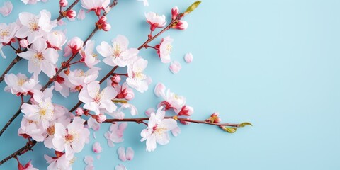 delicate cherry flowers, on a turquoise background. With white petals with a soft pink tint and protruding stamens. Turquoise background is fresh and serene