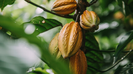 Cocoa beans growing on a tree