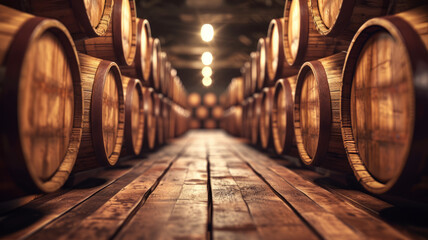 Warehouse with wooden barrels. Whiskey production.