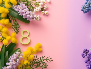 Greeting card for International Women's Day on March 8. Decorative colorful background with number 8 from spring snowdrops and mimosa flowers, place for text.