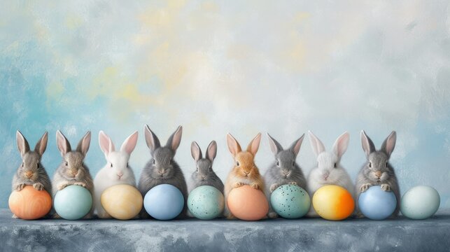 A charming gray rabbit surrounded by mysterious textured eggs in a field, symbolizing the spring and Easter holidays