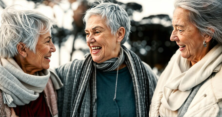 Three elderly women with white hair standing outside in the snow