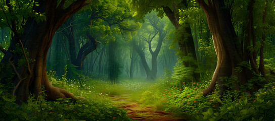 A vibrant green lush forest with numerous trees, rich grass, and sunlight creating exotic fantasy landscapes. The scene evokes the essence of Southeast Asia's deep tropical jungles.