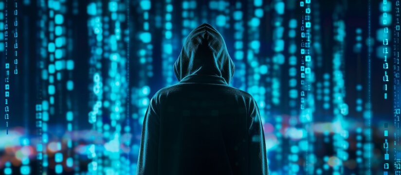 An individual wearing a hoodie is positioned in front of a computer screen, surrounded by the colors Azure and Electric blue.