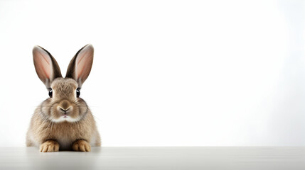 Obraz premium Young rabbit in front of white isolated background, cute bunny sitting