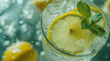 A chilled lemonade with a few fresh mint leaves floating on top