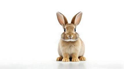 Fototapeta na wymiar Young rabbit in front of white isolated background, cute bunny sitting